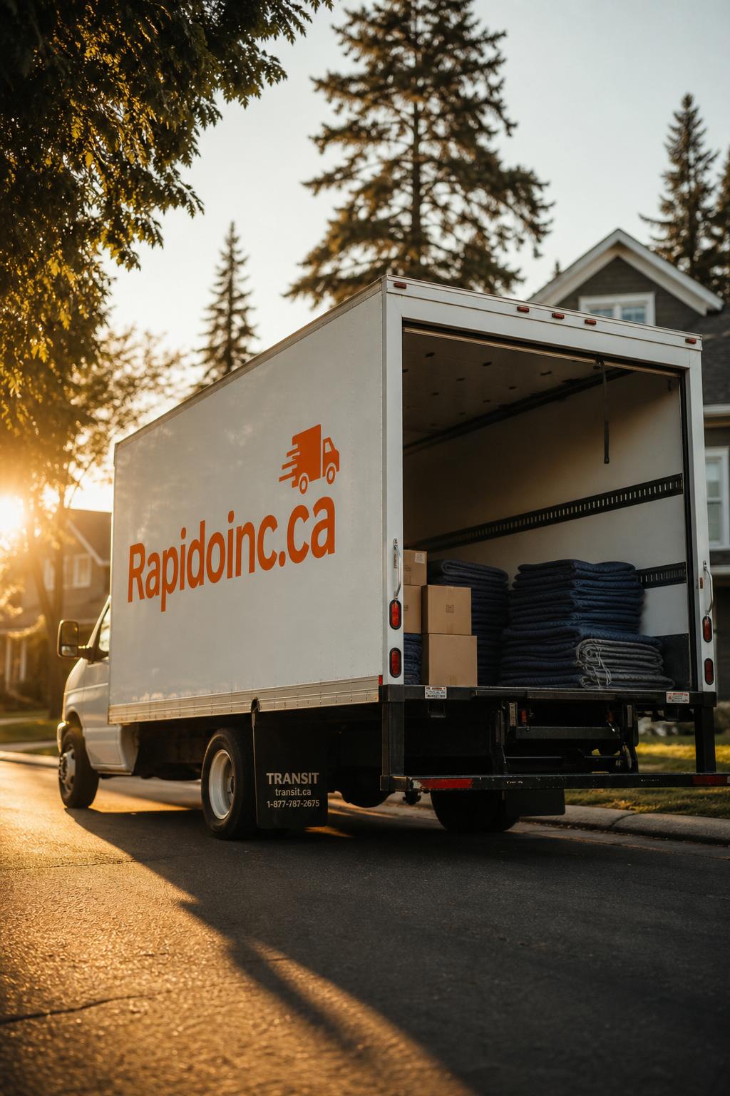 Three Rapido crew members standing in front of a box truck at golden hour