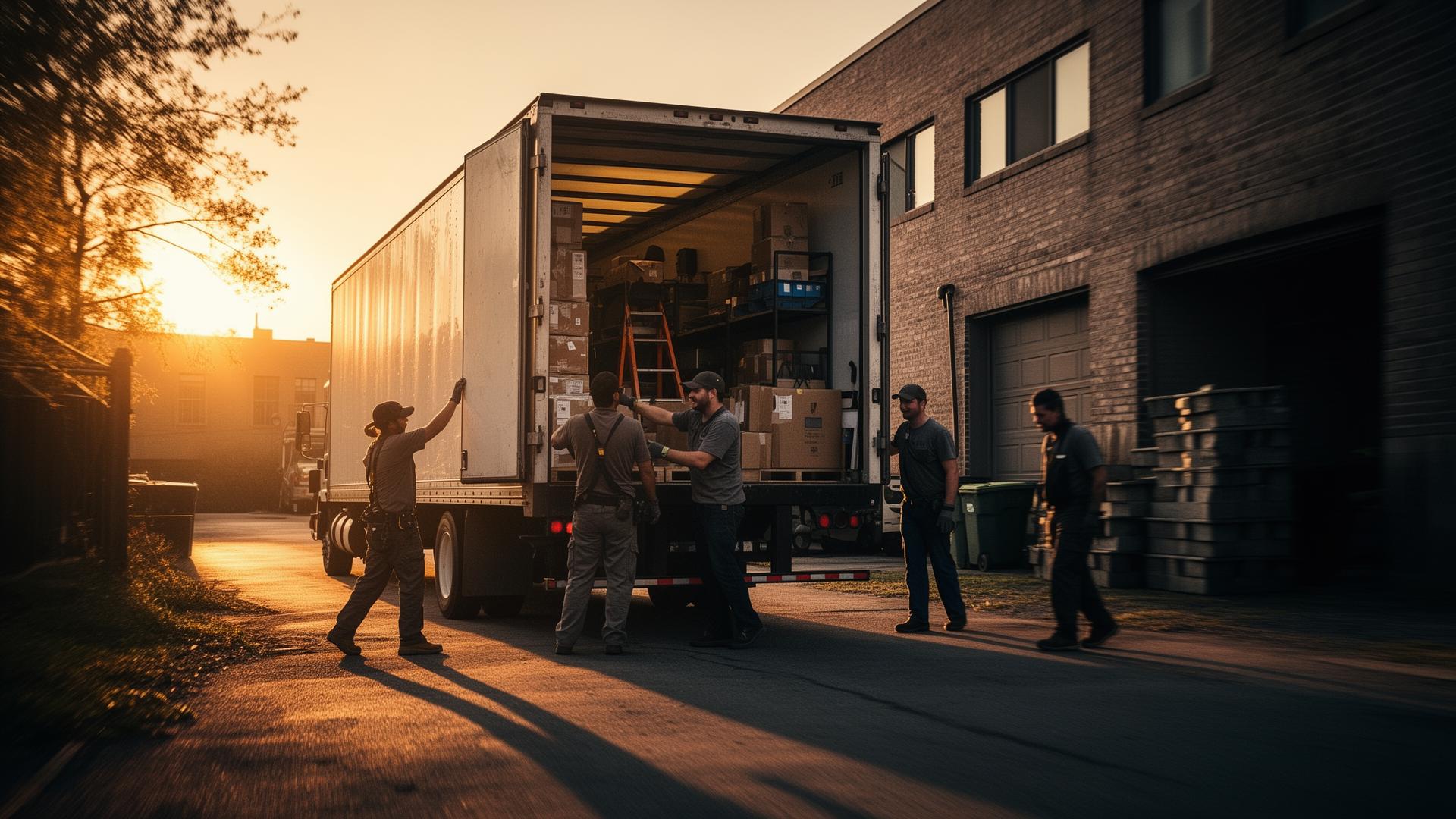 Crew loading a moving truck at sunrise