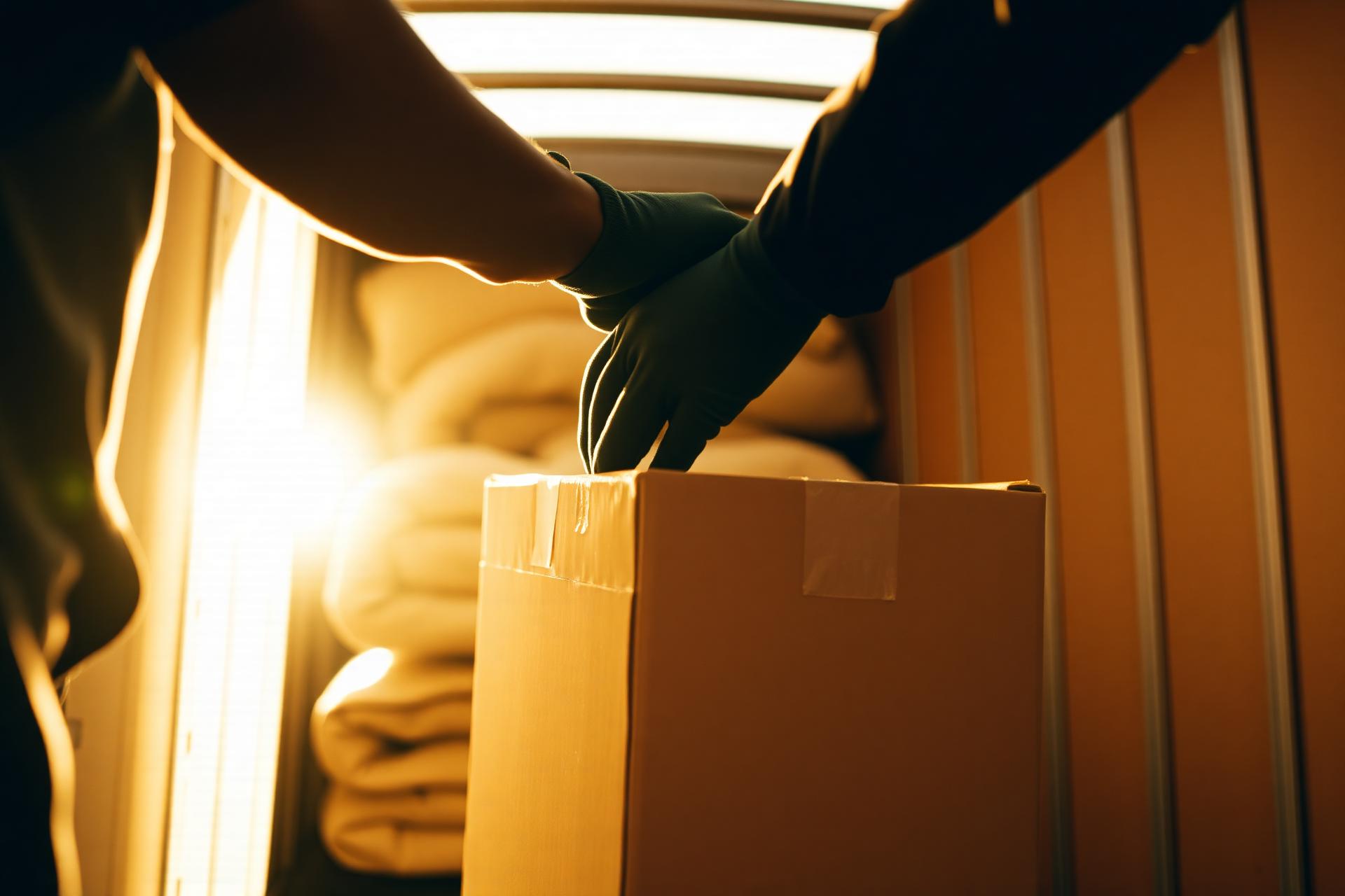 Gloved hands lifting a cardboard box inside a moving truck at sunrise